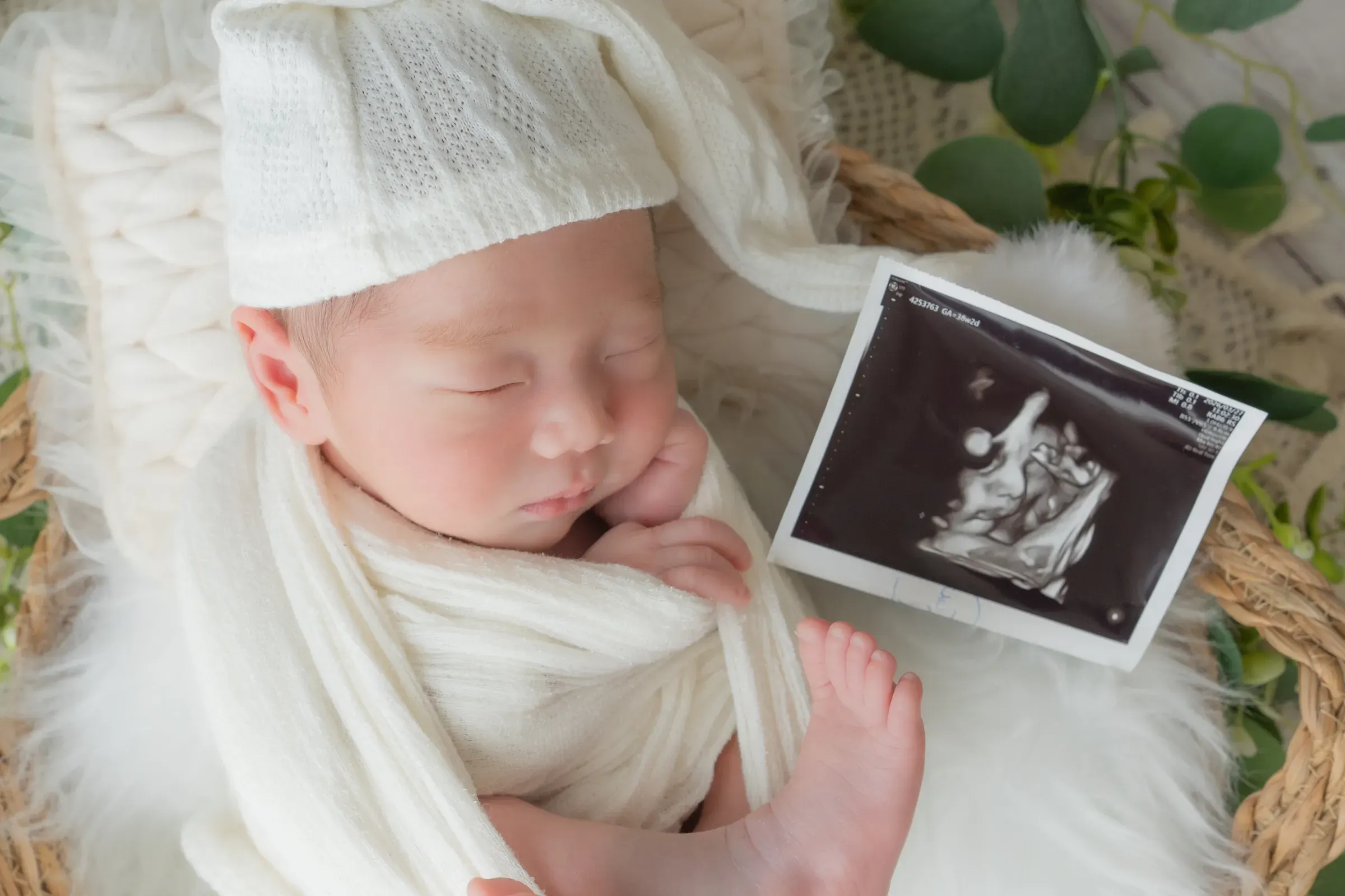 エコー写真を添え、白いおくるみで籠に眠る赤ちゃん